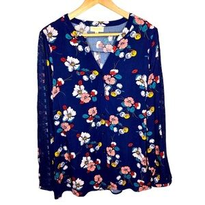 ModCloth Floral Blouse Women's Navy Lightweight Lace Arm Office Long Sleeve M